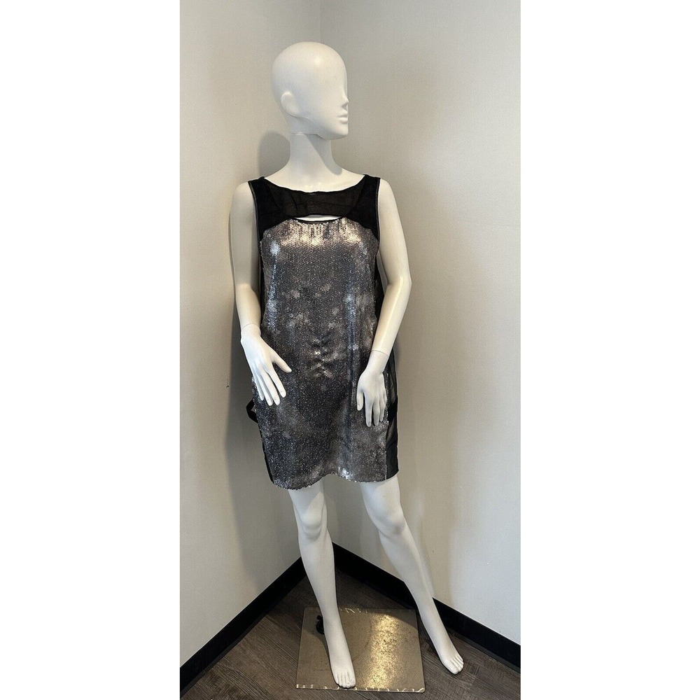 KAYLEE TANKUS Taffeta Black Silver Sequin Dress Silk M Medium $588